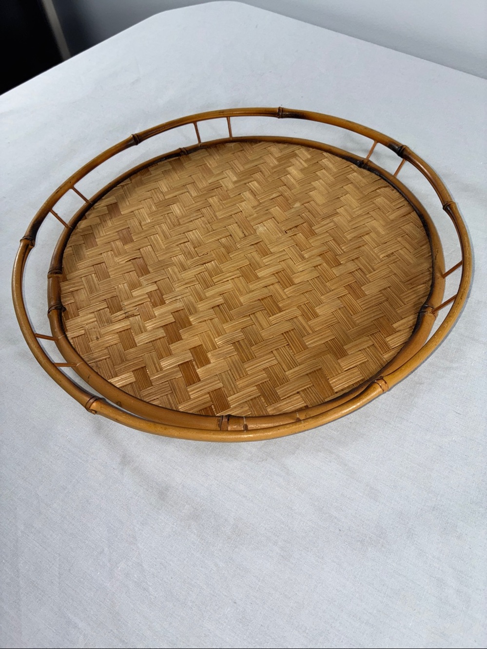 Vintage MCM Bamboo Round Tray Railed